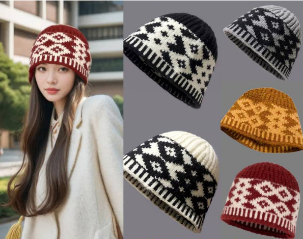 韓國新款小眾設計感 拼色菱形格針織漁夫帽 女秋冬季毛線帽保暖帽子