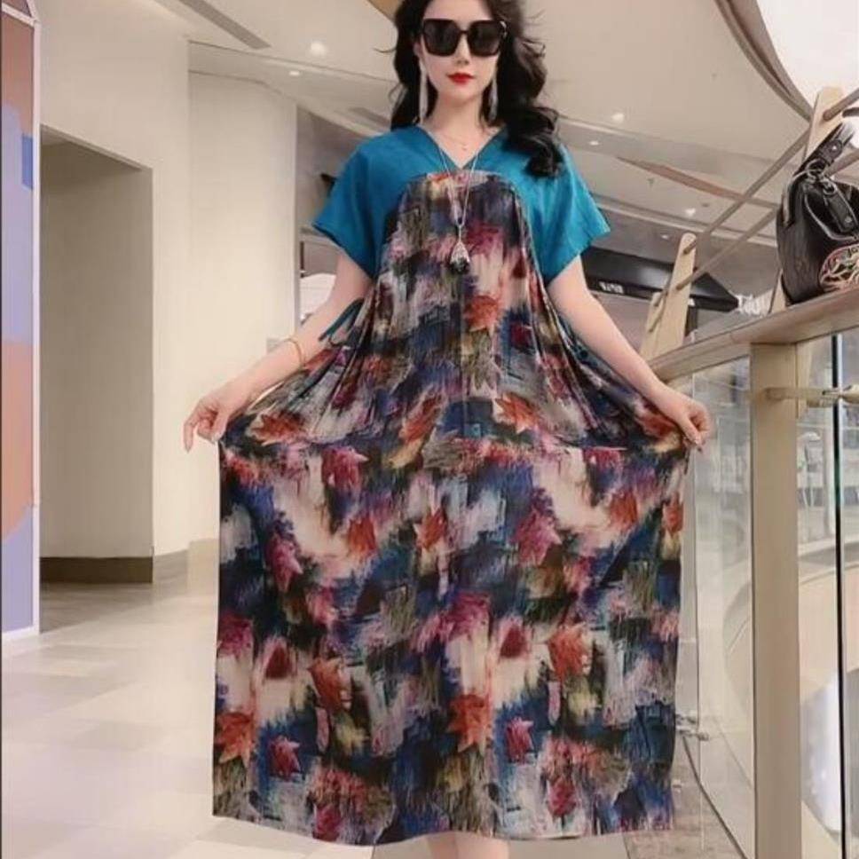 網紅爆款夏季新款寬鬆復古印花高端優雅連衣裙 網紅爆款夏季新款寬鬆復古印花高端優雅連衣裙