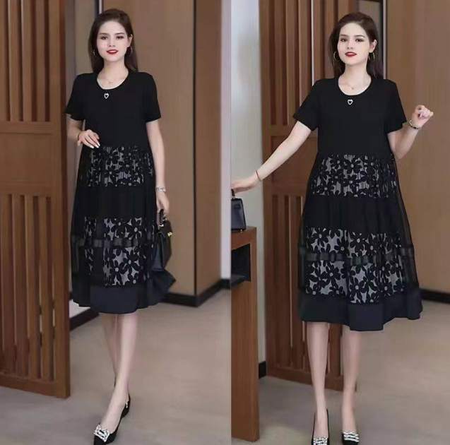 2025夏季新款時尚假兩件寬鬆遮肚網紗連衣裙 2025夏季新款時尚假兩件寬鬆遮肚網紗連衣裙