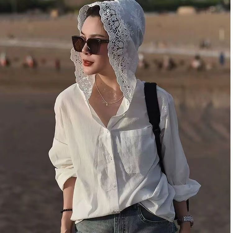 洋氣防曬蕾絲連帽襯衫寬鬆設計感外套個性百搭氣質上衣 洋氣防曬蕾絲連帽襯衫寬鬆設計感外套個性百搭氣質上衣