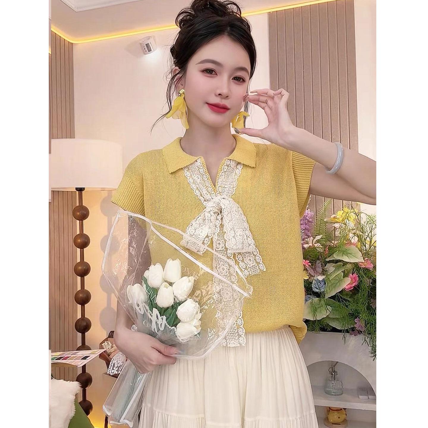 【台灣出貨】火爆折扣中！夏裝新款蕾絲拼接蝴蝶結冰絲針織衫